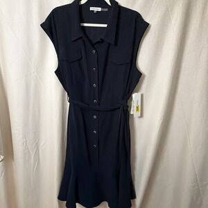 Calvin Klein Shirt Dress Womens L Navy Button Front Belted Flutter Hem NWT